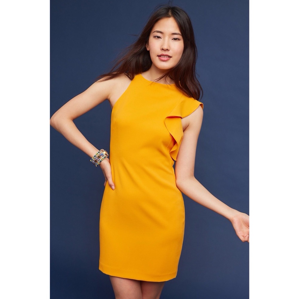 Anthropologie Yellow Ruffle-Shoulder Mini Dress